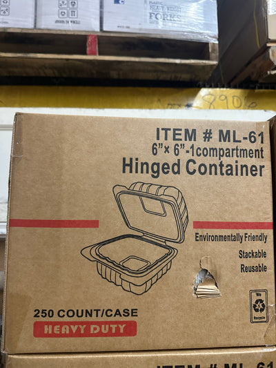 Cardboard box of a 6x6x1.5 compartment hinged container with recycling symbol.