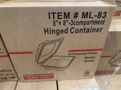 ML-83 Hinged Container 8"x8" 3 Compartments 150 Count Heavy Duty