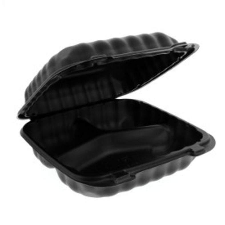 Tamper-Proof Hinged Lid 8x8 3 Compartment Black - 200 ct