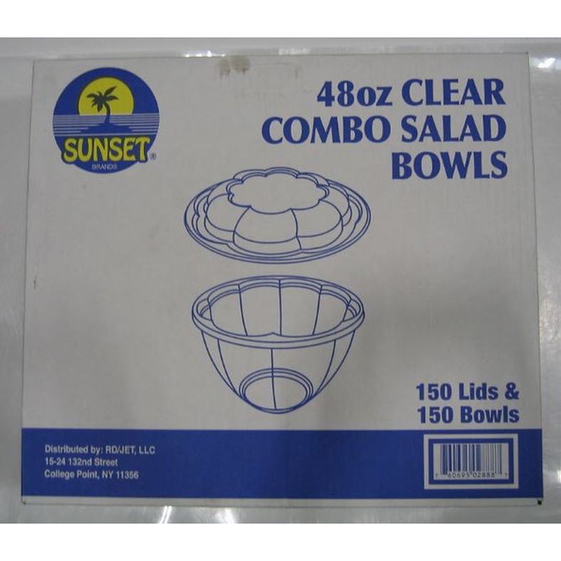 Sunset - Plastic Salad Bowls with Lids (48 oz) - 100 sets