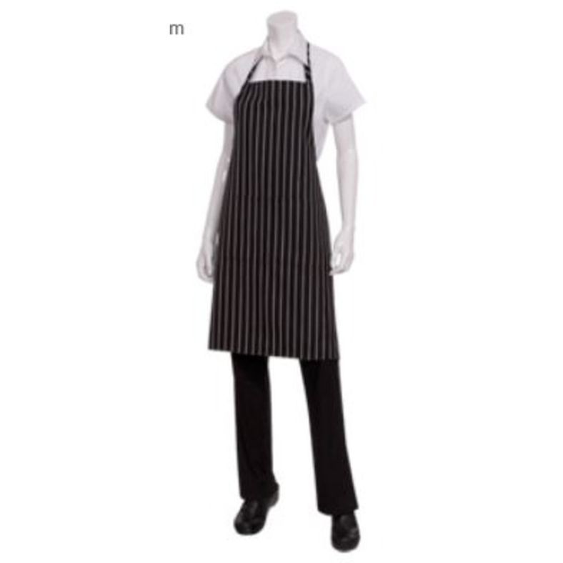 Chef Works - Bib Apron Black with Stripes (34-1/4"L x 27"W, Patch Pocket, 65/35 Poly/Cotton)