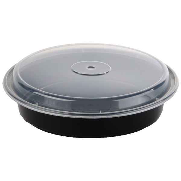 FH-48B 48oz Round Two-Piece Container - 9" Diameter (Black Base & Clear Lid) - 150/Case