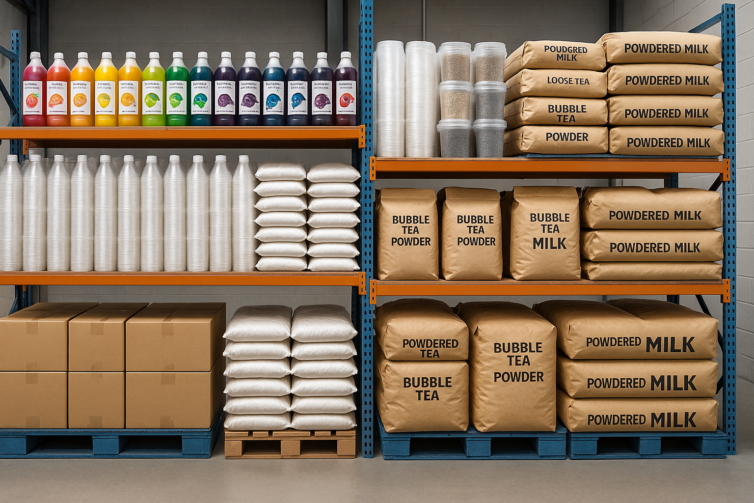 bulk bubble tea distributor includes syrup, cups, powder, tea, and powder milk 