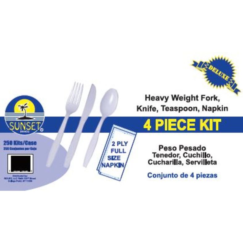 Sunset - 4-Piece Wrapped Heavy Weight White Cutlery Kit (Fork, Knife, Teaspoon, Napkin) - 250 ct