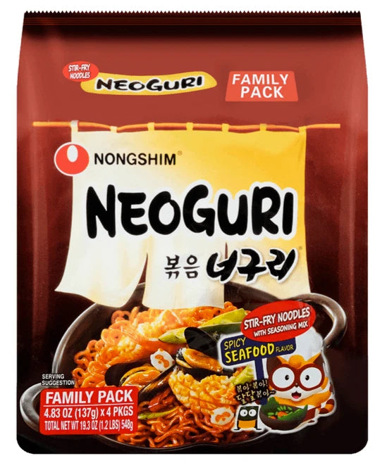 Neoguri Korean Stir-Fry Ramen Instant Noodle, Savory Spicy Seafood, 4 Bags, 548g